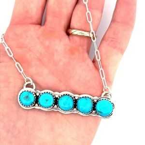 Navajo 925 Sterling Silver Signed Zia 5 Stone Turquoise Necklace Native American